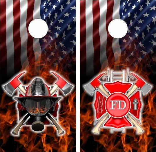 1st Responder Firefighter First In Last Out with Fire Flames American Flag Background Cornhole Wraps
