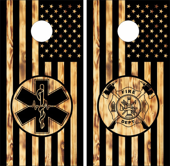 Firefighter Logo & EMS Snake Logo on Black American Flag Background Wood Cornhole Wraps
