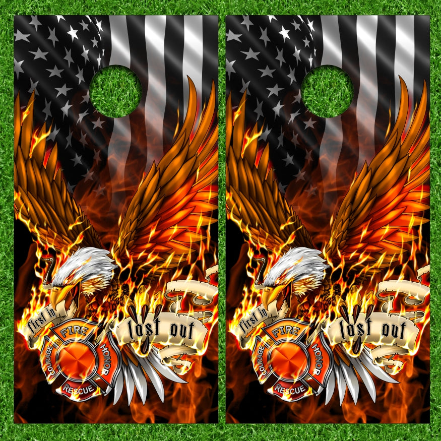 1st Responder Firefighter First In Last Out Eagle with Fire Flames and American Flag Background Cornhole Wraps
