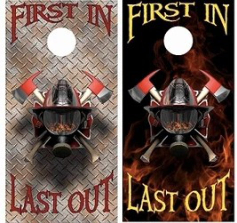 1st Responder Firefighter Helmet Axe with Fire Flames Diamond Plate Background Cornhole Wraps