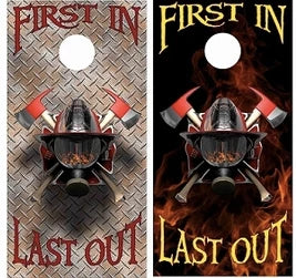 1st Responder Firefighter Helmet Axe with Fire Flames Diamond Plate Background Cornhole Wraps
