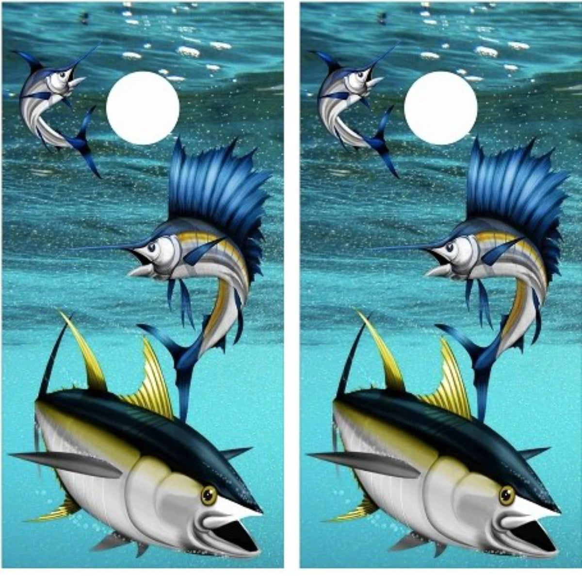Sailfish Yellowfin & Tuna Fish with Ocean Water Background Cornhole Wraps