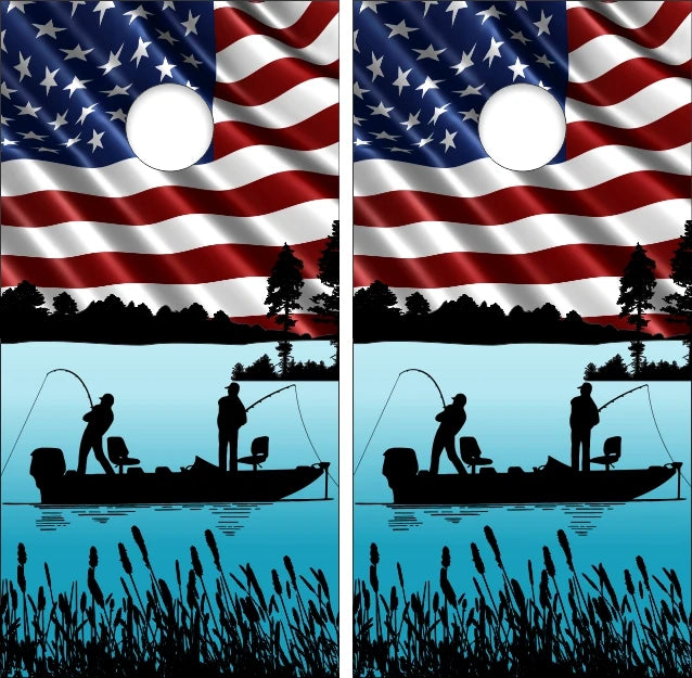 Fisherman Team Tournament Boat on Lake with American Flag Background Cornhole Wraps