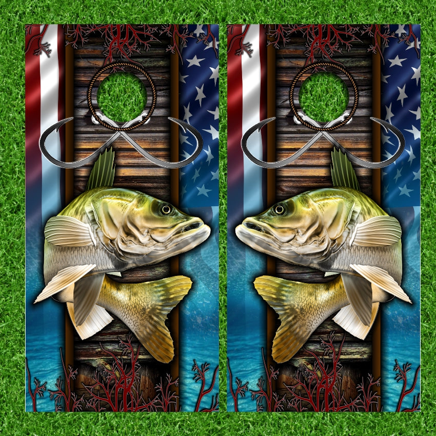 Walleye American Flag Cornhole Wraps