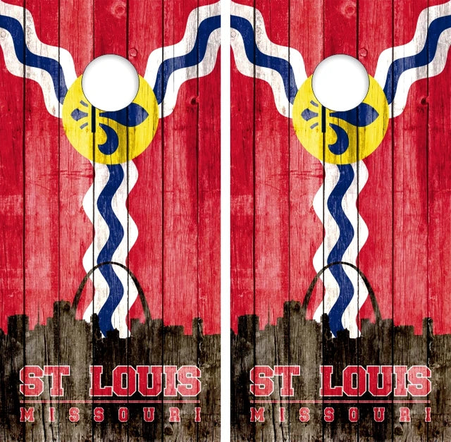 Flag of St. Louis Missouri City Flag with Skyline and Weathered Wood Look Background Cornhole Wraps