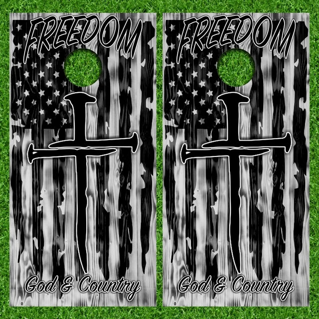 Freedom God Country Nail Cross Grunge Gray American Flag Cornhole Wraps