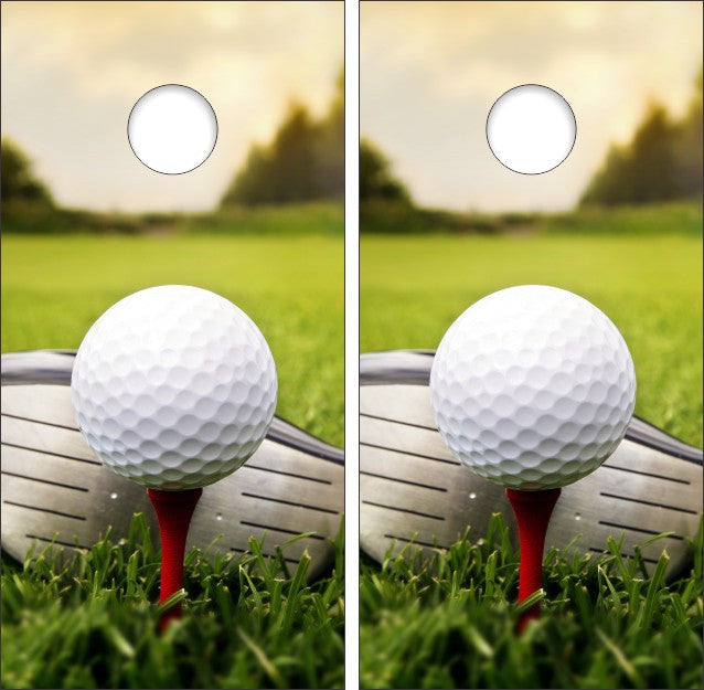 Up Close Golf Club Ball and Tee on Course Cornhole Wraps