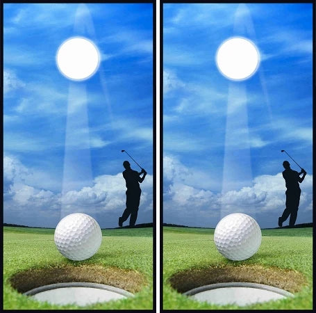 Man Swinging Golf Club Ball and Tee on Course Cornhole Wraps