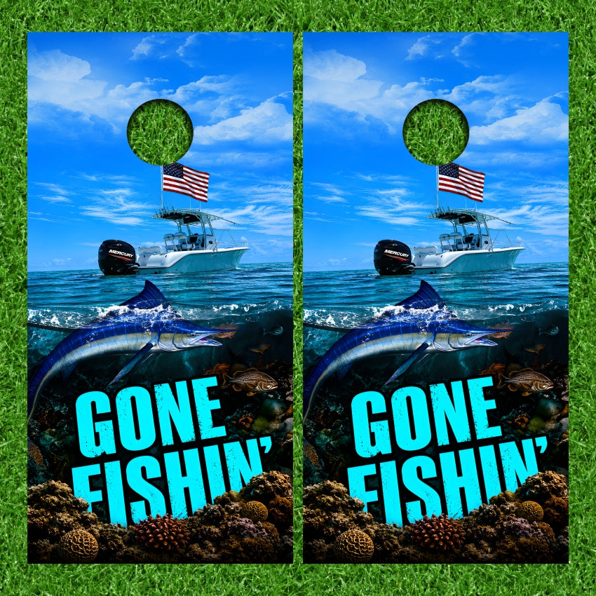 Gone Fishin' With Boat Above Underwater Ocean Marlin Fish Scene Cornhole Wraps