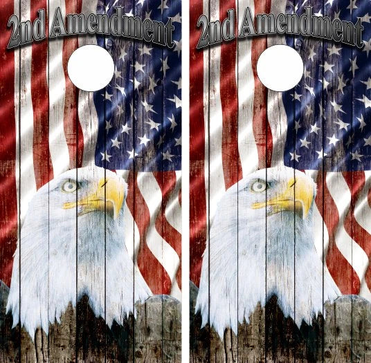 American Flag Bald Eagle 2nd Amendment Weathered Wood Cornhole Wraps