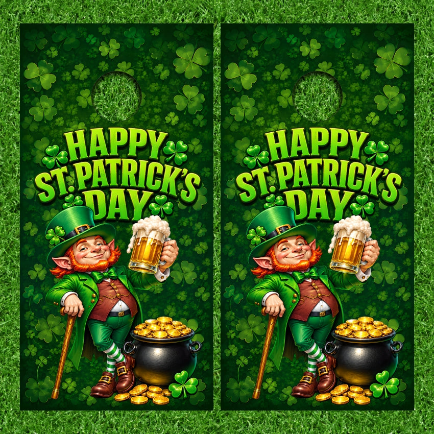 Happy St. Patrick's Day Leprechaun Gold Pot Cornhole Wraps