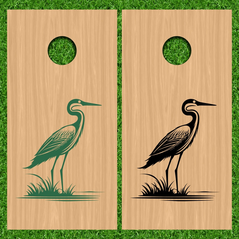 Black Heron Bird on Light Brown Wood Cornhole Wraps