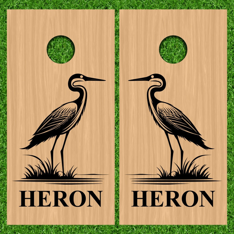 Black Heron Bird on Light Brown Wood Cornhole Wraps