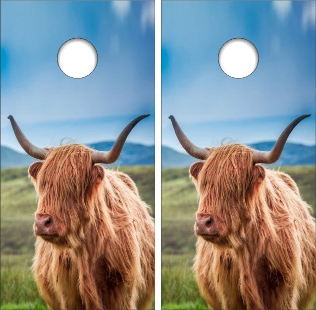 Scottish Highland Cow Up Close Cornhole Wraps Version 1