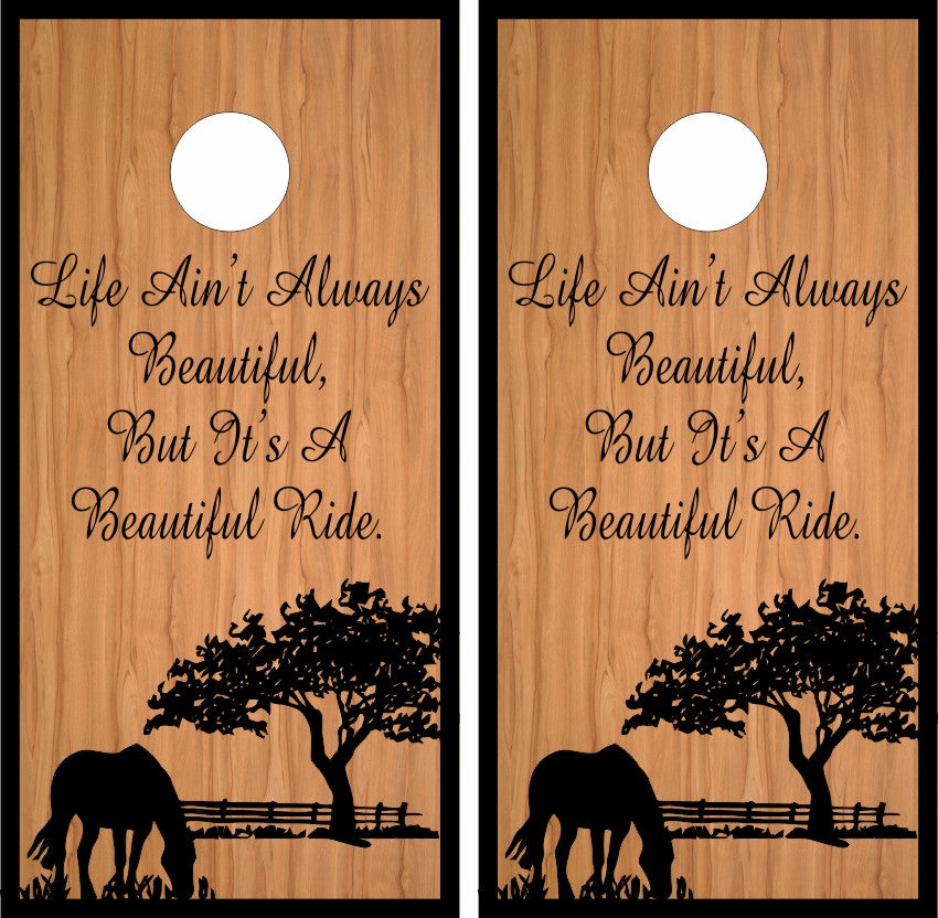 Horse Silhouette Farm with Wood Background Cornhole Wraps