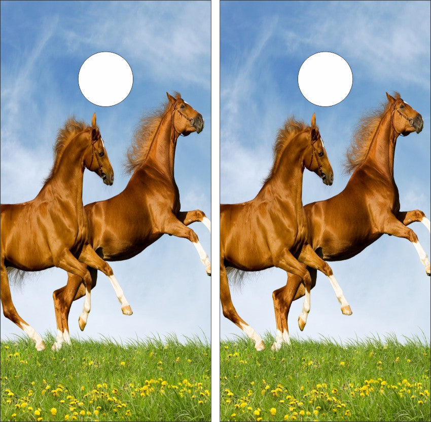 Horse Jumping in Field Cornhole Wraps