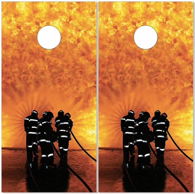 Firefighter Battling Fire Flames Cornhole Wraps