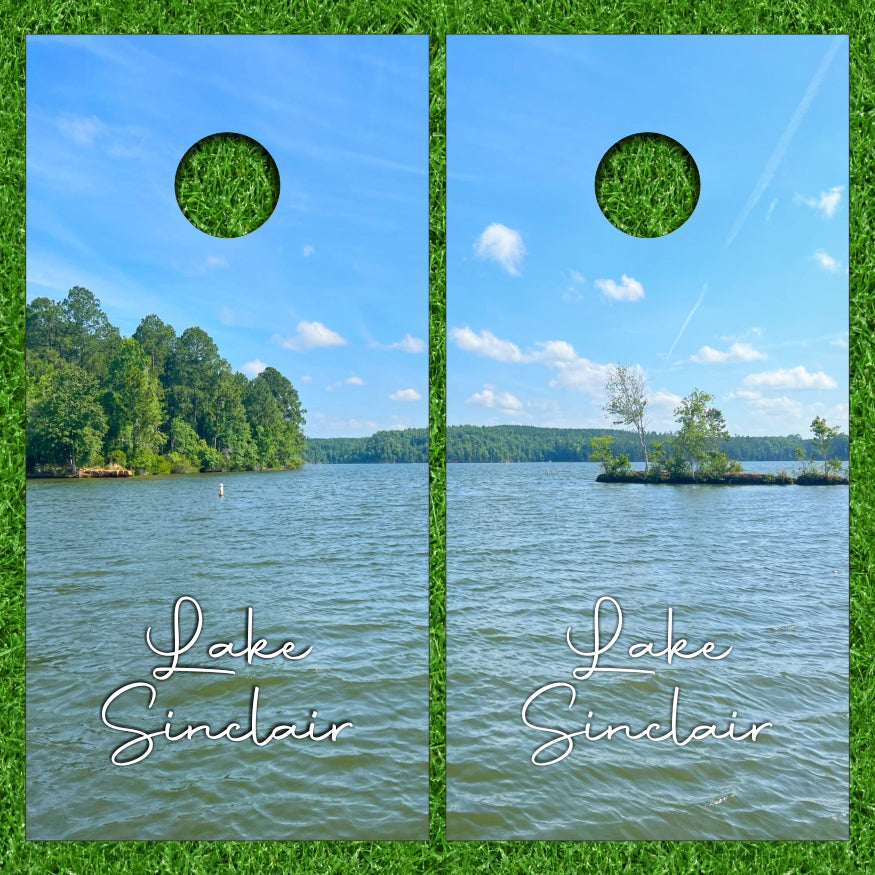 Lake Sinclair Georgia with Lake Water Background Cornhole Wraps