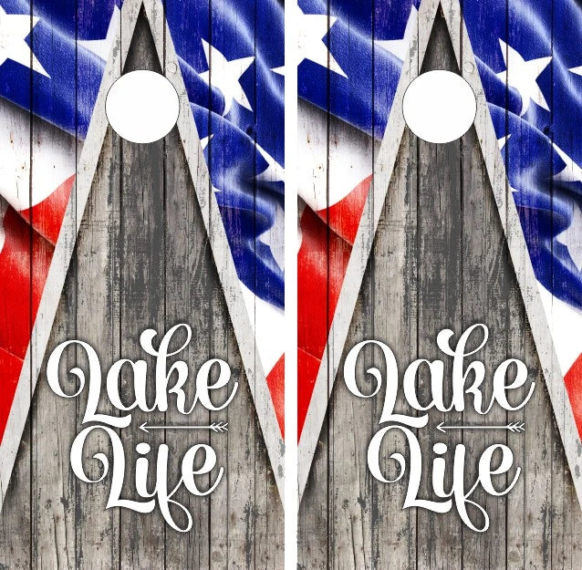 Lake Life Triangle Design With Weathered Wood Background Cornhole Wraps