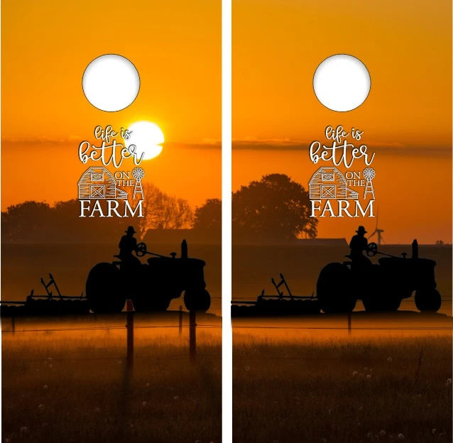 Life Is Better On The Farm Sunset Farming Tractor Background Cornhole Wraps