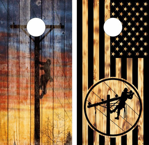 Lineman Utility Pole & Black American Flag Weathered Wood Cornhole Wraps
