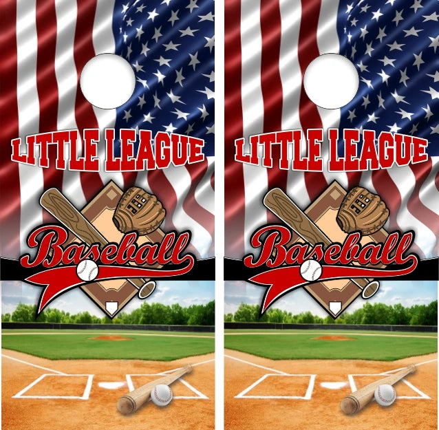 Little League Baseball Field with American Flag Background Cornhole Wraps