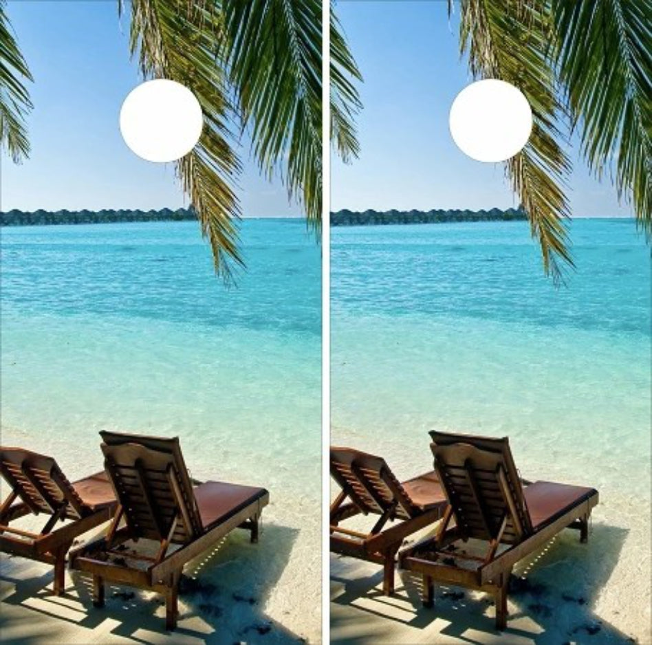 Beach Lounge Chairs Palm Trees Ocean Waves Cornhole Wraps
