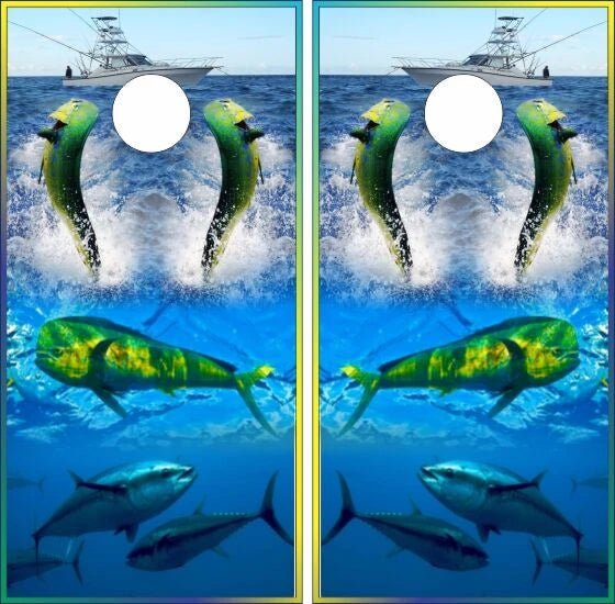 Mahi Mahi & Tuna Fish With Underwater Ocean Background Cornhole Wraps