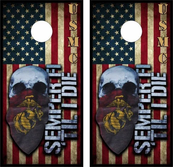 Marine Semper Fi Til I Die Skull with American Flag Background Cornhole Wraps