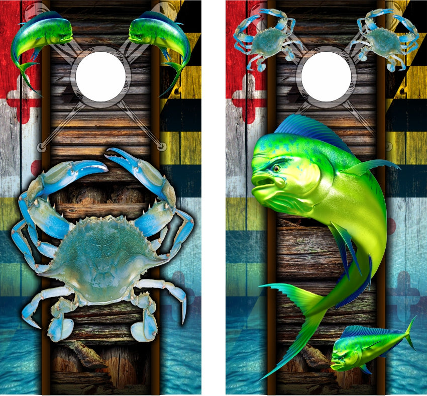 Mahi & Blue Crabs Maryland Flag Cornhole Wraps