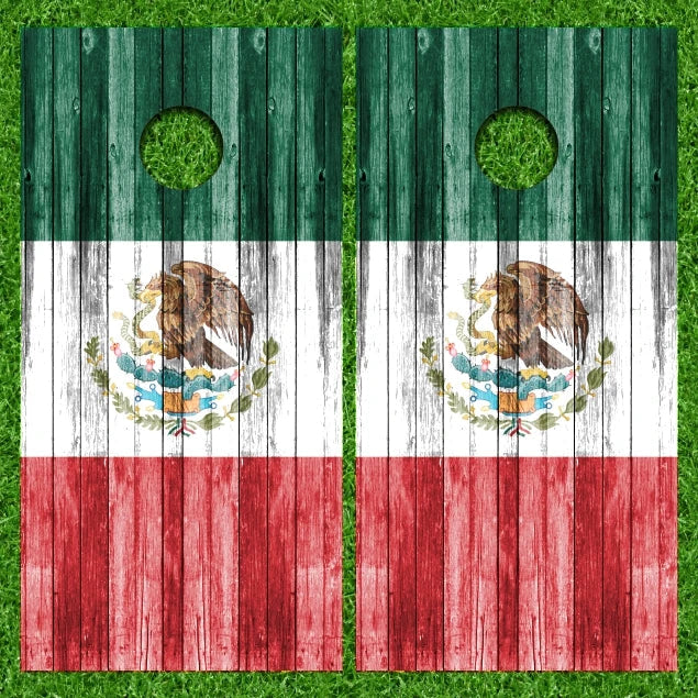 Mexico Flag Weathered Wood Background Cornhole Wraps Version 2