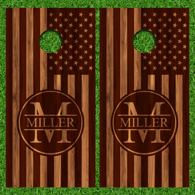 Wedding Circle Monogram Wood Stain American Flag Cornhole Wraps