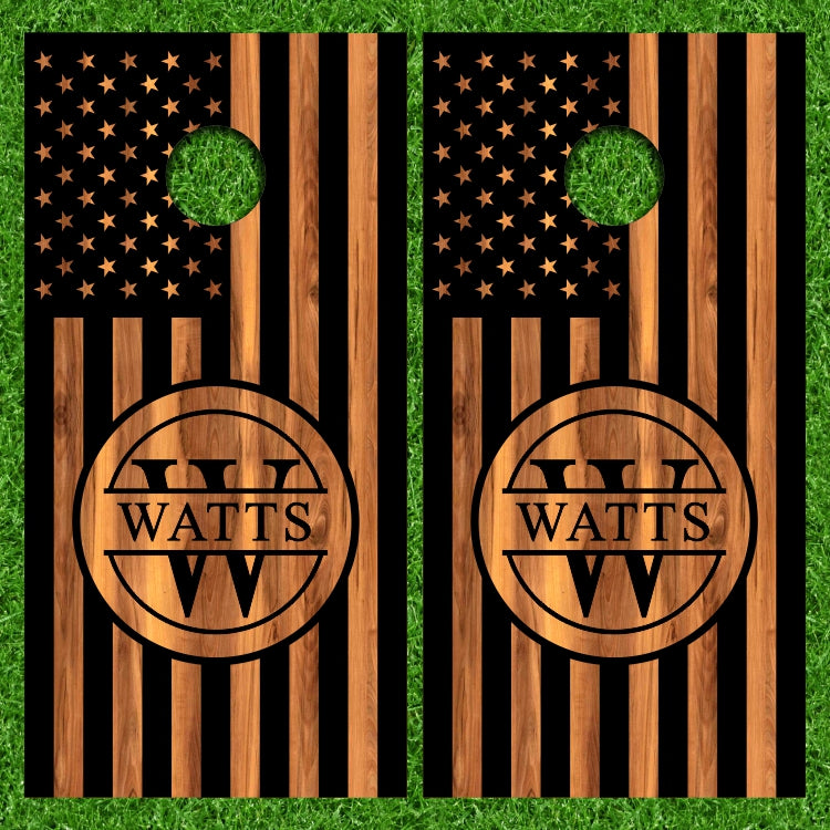 Customize Your Name on this Wedding Circle Monogram with Wood Stain American Flag Cornhole Wraps