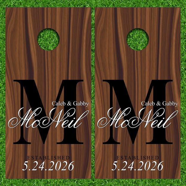 Customize Your Name Monogram on this Wedding with Wood Stain Background Cornhole Wraps