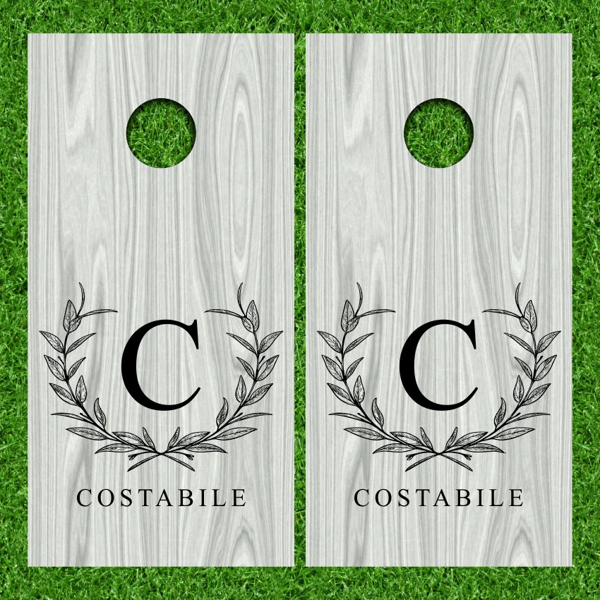 Wedding Laurel Flower Wreath Monogram Est Date Gray Plywood Version 2 Cornhole Wraps