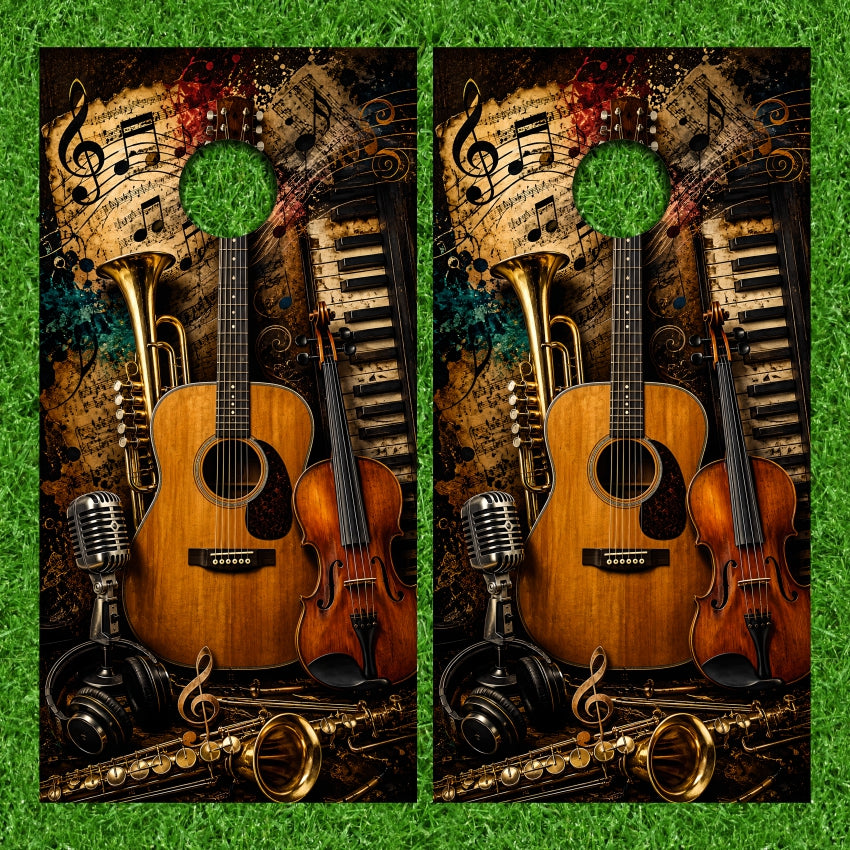 Acoustic Guitar Violin Trumpet Saxophone Keyboard Music Notes Microphone Drums Cornhole Wraps