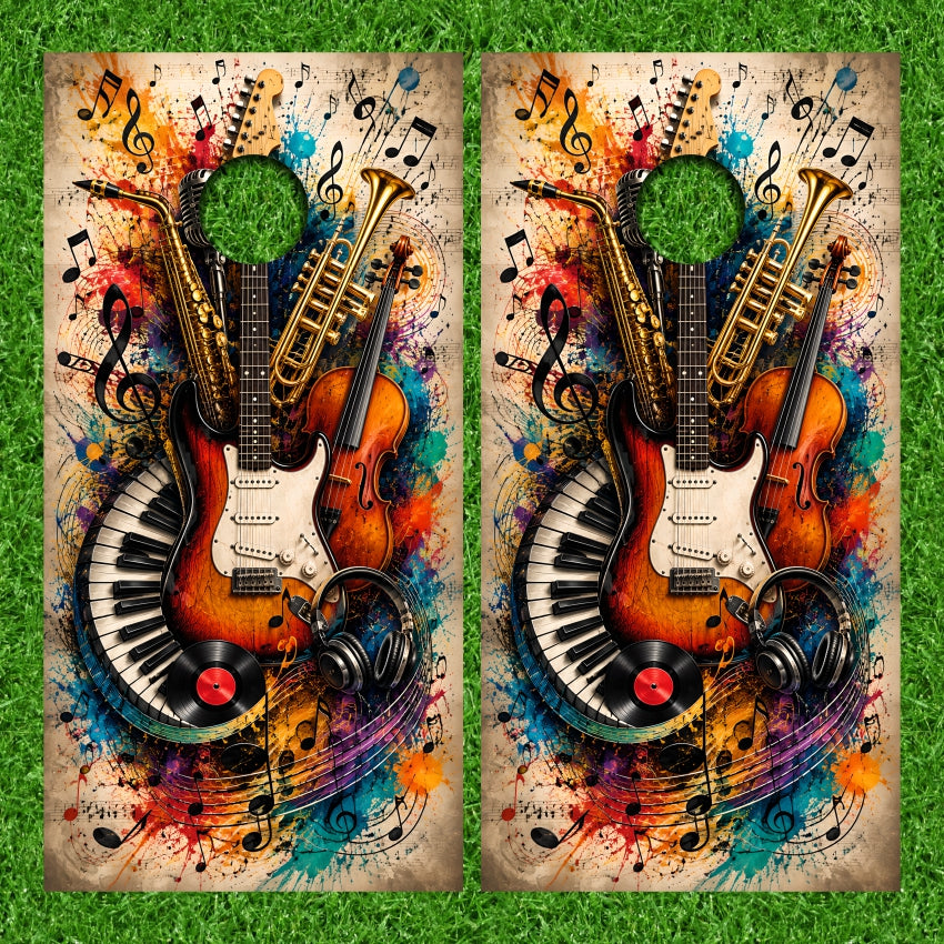 Electric Guitar Violin Trumpet Saxophone Keyboard Music Notes Microphone Drums Version 2 Cornhole Wraps