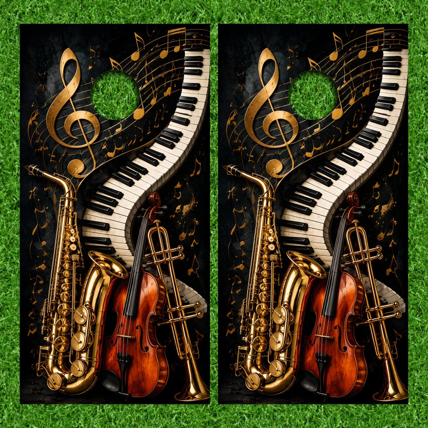 Violin Trumpet Saxophone Keyboard Music Notes Cornhole Wraps