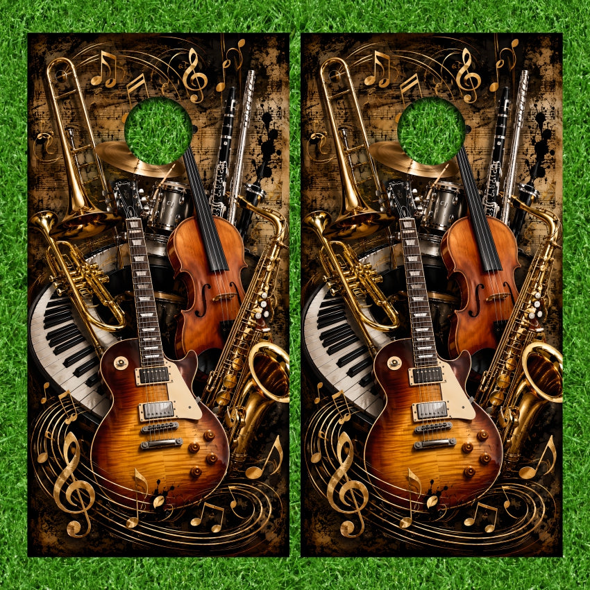 Acoustic Guitar Violin Trumpet Saxophone Keyboard Music Notes Microphone Drums Version 2 Cornhole Wraps