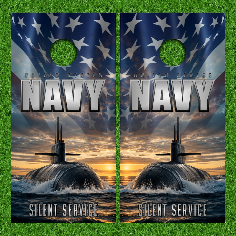 Navy Silent Service Submarine Los Angeles Class 4 with American Flag Background Version 4 Cornhole Wraps