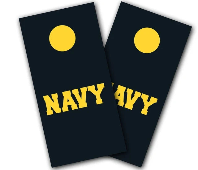 Navy with Black Background And Yellow Hole Ring Cornhole Wraps