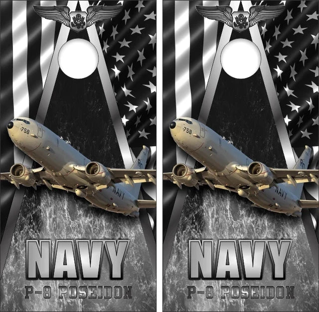 Navy P8 Poseidon Aircraft Airman Wings with Gray American Flag Triangle Water Background Cornhole Wraps