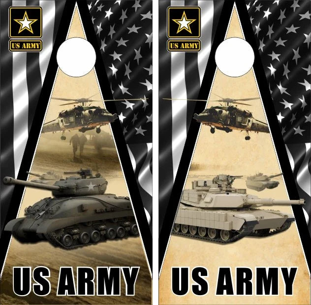 US Army Tanks & Helicopters with Gray American Flag Triangle Design Background Cornhole Wraps