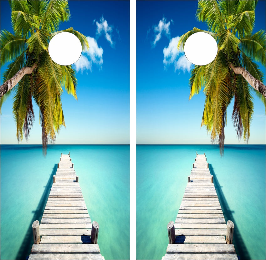 Boat Dock Leading Out Into Tropical Water Palm Trees Cornhole Wraps