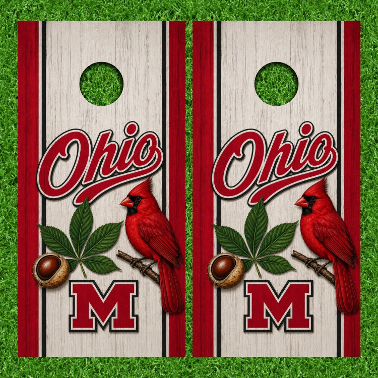 Ohio State Theme with Northern Cardinal Bird Weathered Wood Look Cornhole Wraps