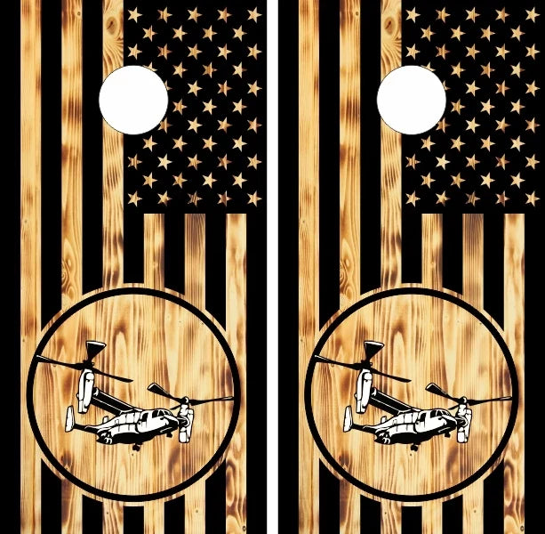 Osprey tiltrotor Marine Aircraft with Burn Wood Look American Flag Background Cornhole Wraps