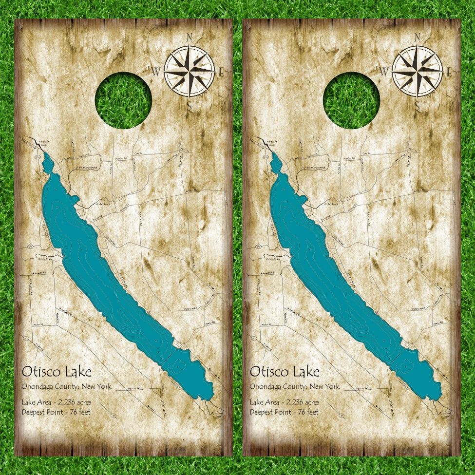 Lake Otisco New York Onondaga County with Old Paper Map Style Background Cornhole Wraps