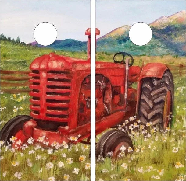 Water Painting of Old Farming Tractor in Field Cornhole Wraps