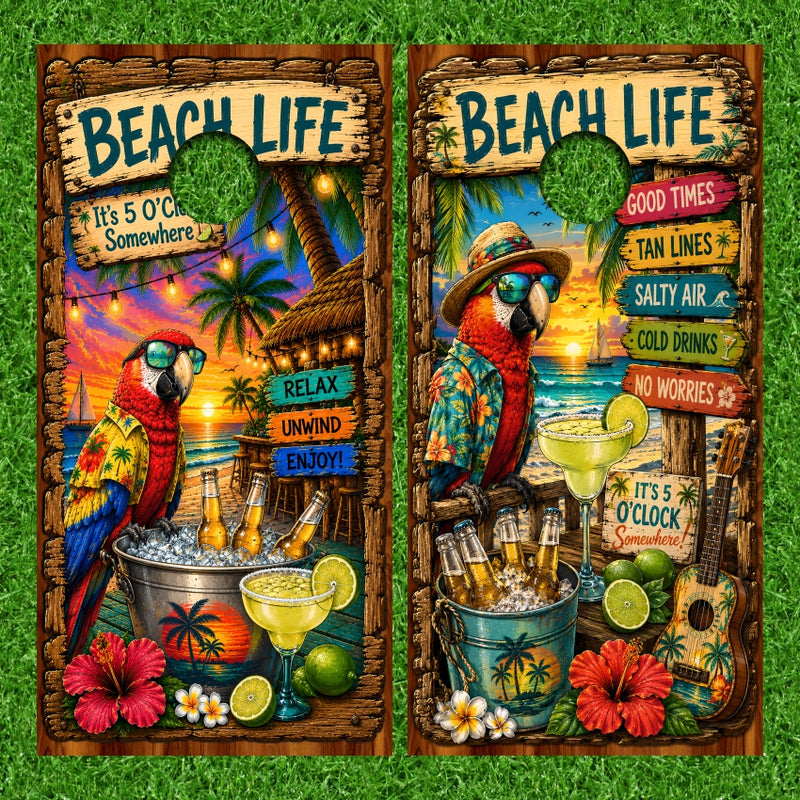 Tropical palm Tree Beach Life Theme with Parrot Beer on Ice 5 o'clock version 1 Cornhole Wraps