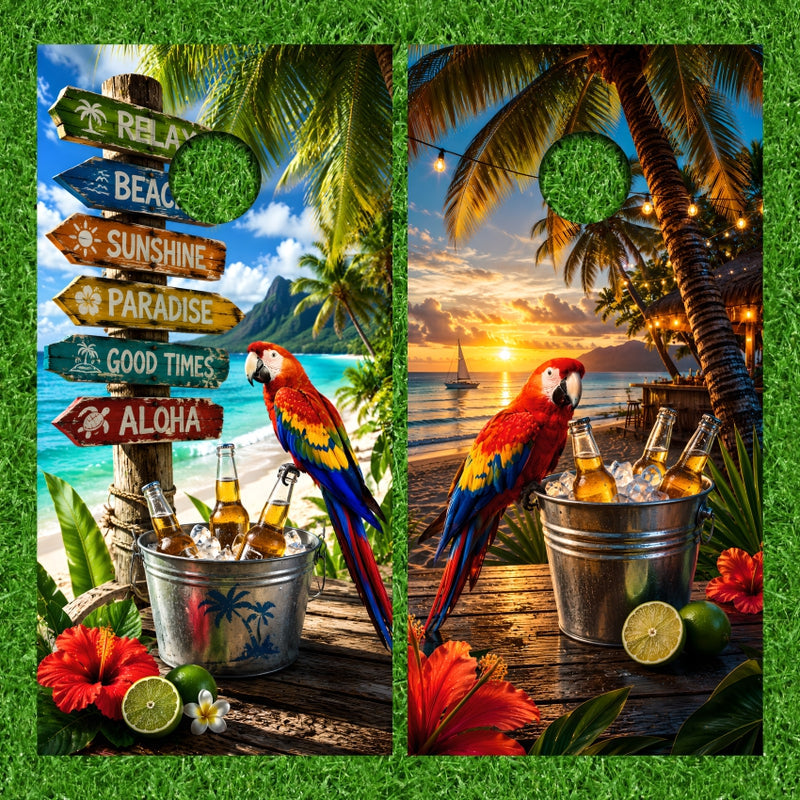 Tropical palm Tree Beach Theme with Parrot Beer on Ice Aloha Signs Cornhole Wraps
